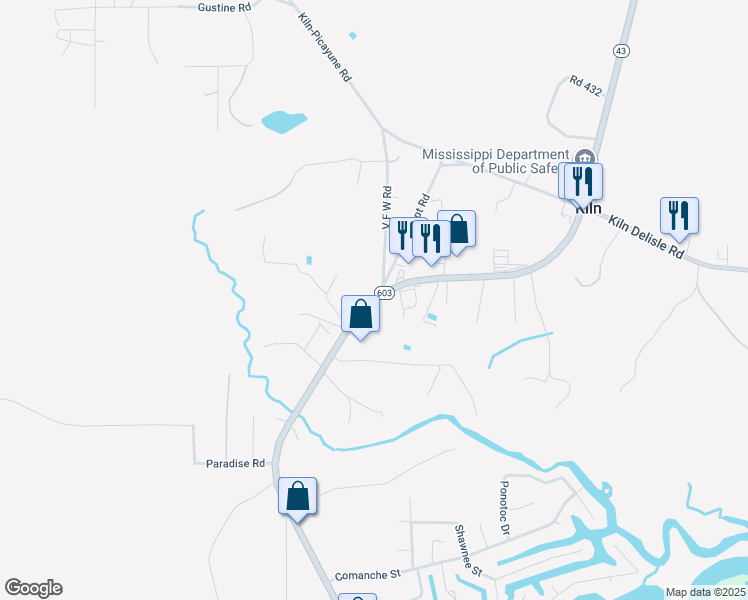 map of restaurants, bars, coffee shops, grocery stores, and more near 16265 Mississippi 603 in Kiln