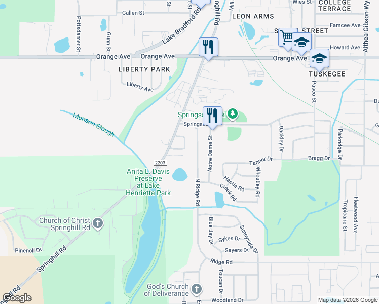 map of restaurants, bars, coffee shops, grocery stores, and more near 3206 North Ridge Road in Tallahassee