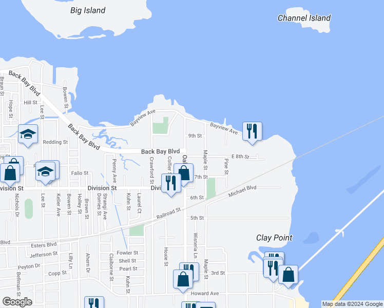 map of restaurants, bars, coffee shops, grocery stores, and more near 288 East 8th Street in Biloxi