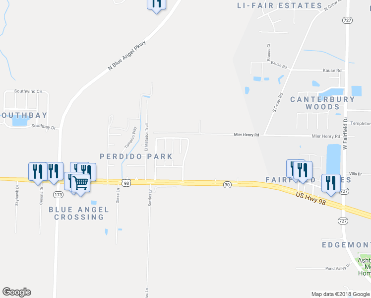 map of restaurants, bars, coffee shops, grocery stores, and more near 485 Bay Pine Villas Drive in Pensacola