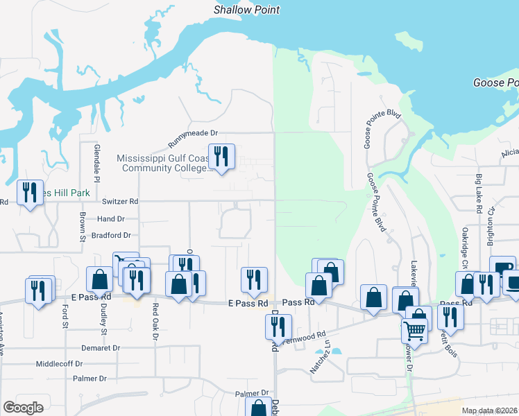 map of restaurants, bars, coffee shops, grocery stores, and more near 389 Debuys Road in Gulfport