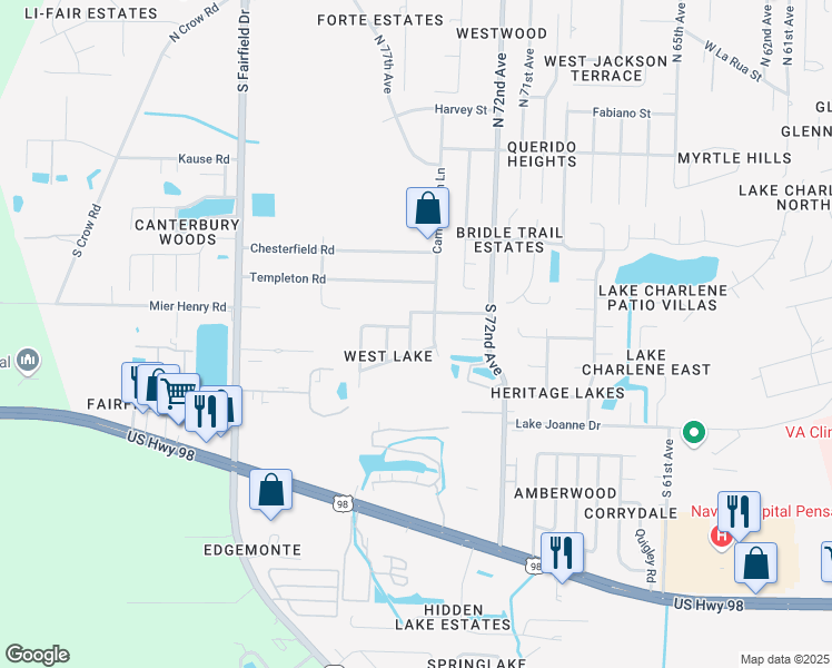 map of restaurants, bars, coffee shops, grocery stores, and more near 406 Rossi Way in Pensacola