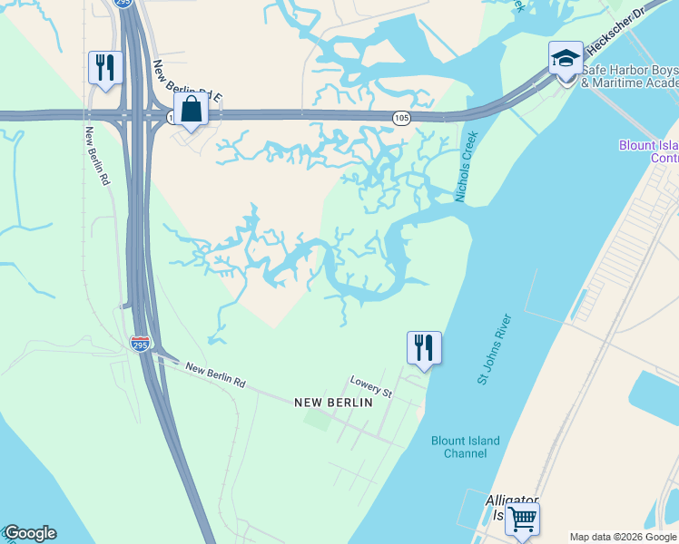 map of restaurants, bars, coffee shops, grocery stores, and more near 9595 New Berlin Court in Jacksonville