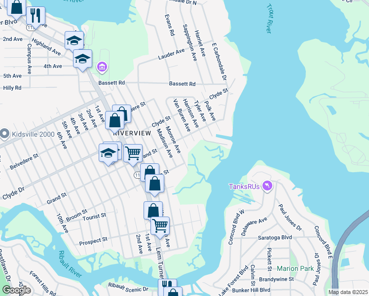 map of restaurants, bars, coffee shops, grocery stores, and more near 8925 Monroe Avenue in Jacksonville