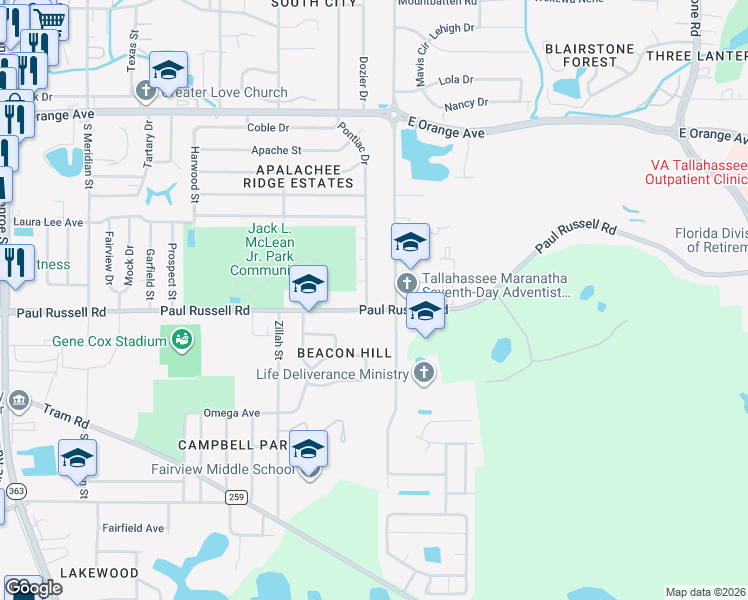 map of restaurants, bars, coffee shops, grocery stores, and more near 1111 Paul Russell Road in Tallahassee