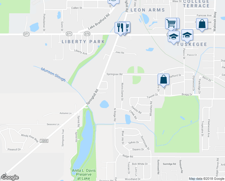 map of restaurants, bars, coffee shops, grocery stores, and more near 3206 North Ridge Road in Tallahassee