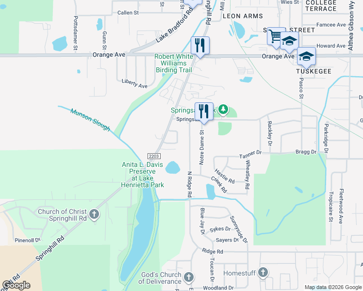 map of restaurants, bars, coffee shops, grocery stores, and more near 3206 North Ridge Road in Tallahassee