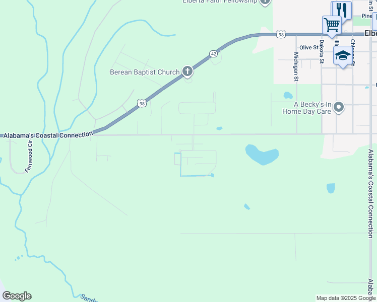 map of restaurants, bars, coffee shops, grocery stores, and more near 24126 Veranda Circle in Elberta