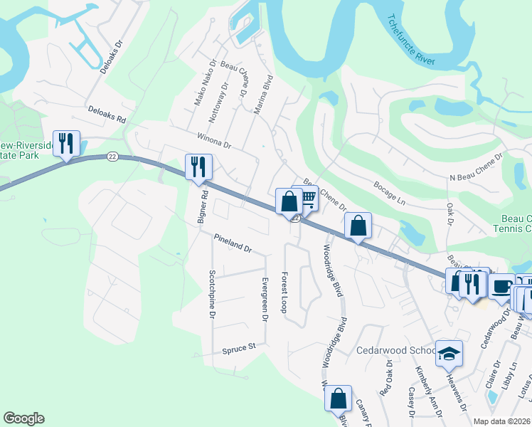 map of restaurants, bars, coffee shops, grocery stores, and more near 311 Bon Temps Roule in Mandeville