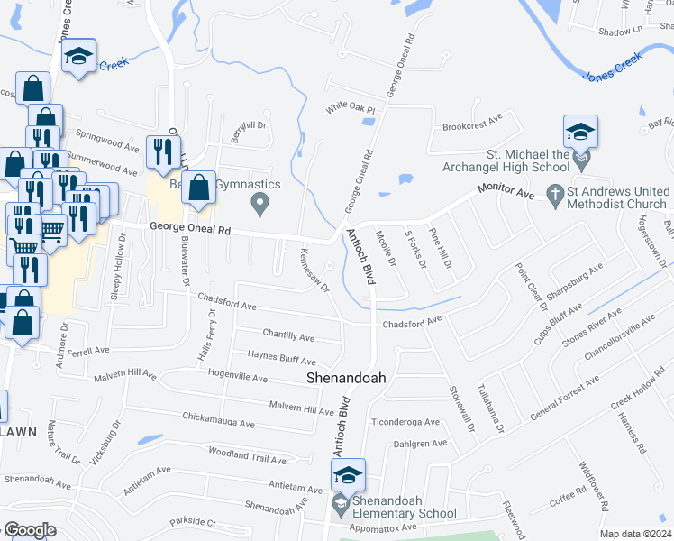 map of restaurants, bars, coffee shops, grocery stores, and more near 5124 Kennesaw Drive in Baton Rouge