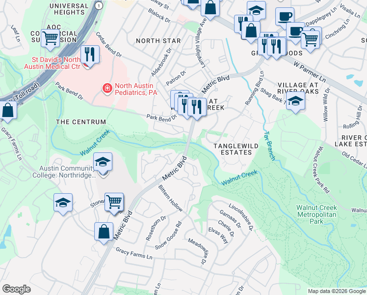 map of restaurants, bars, coffee shops, grocery stores, and more near 12125 Metric Boulevard in Austin