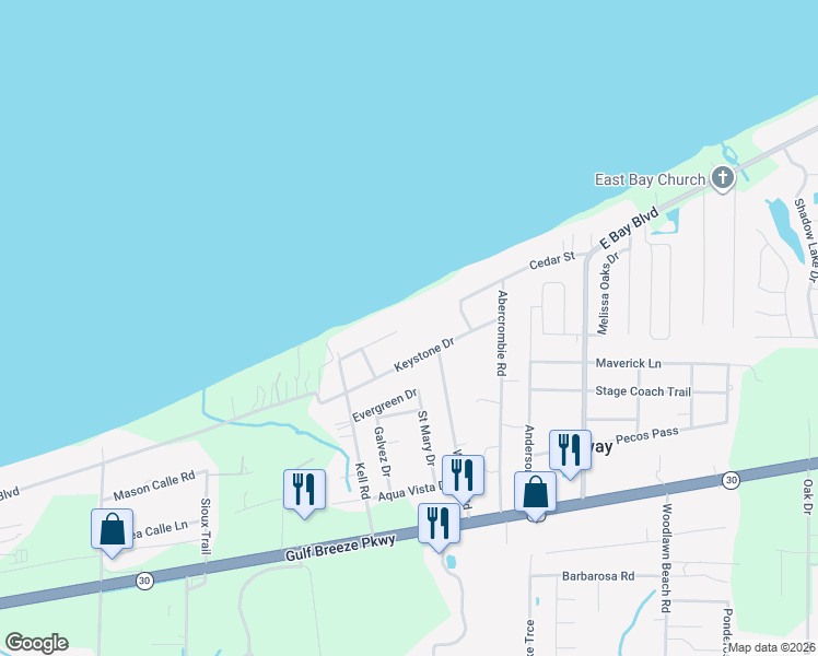 map of restaurants, bars, coffee shops, grocery stores, and more near 5085 Keystone Drive in Gulf Breeze