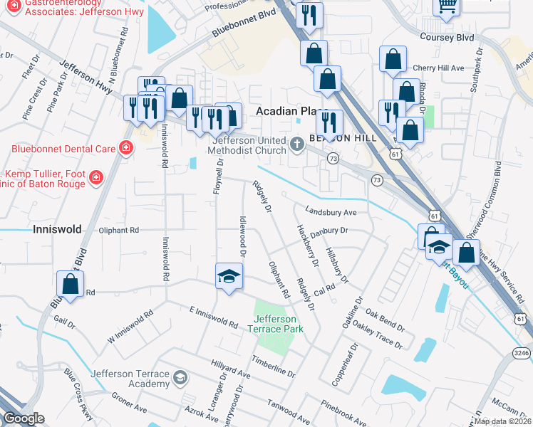 map of restaurants, bars, coffee shops, grocery stores, and more near 10127 Oliphant Road in Baton Rouge
