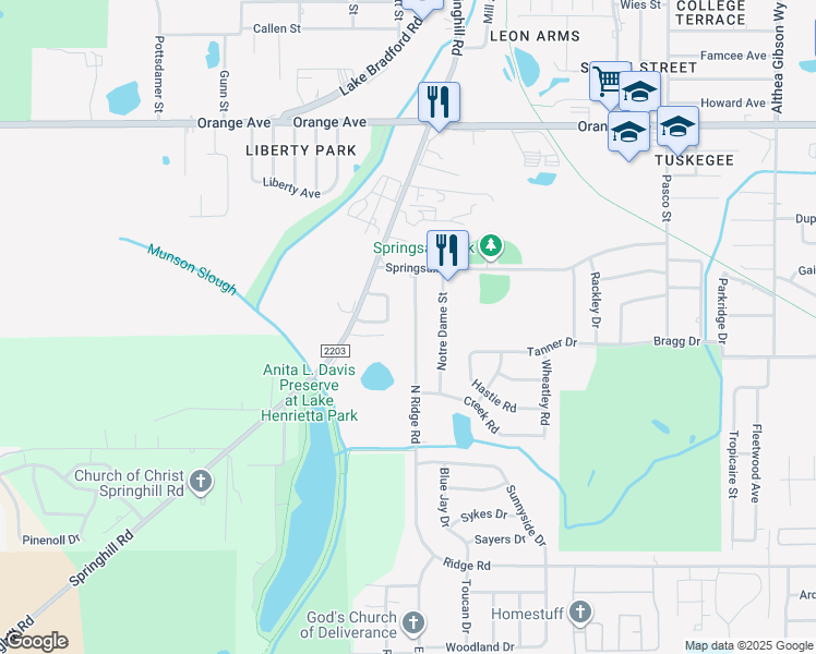 map of restaurants, bars, coffee shops, grocery stores, and more near 3196 North Ridge Road in Tallahassee