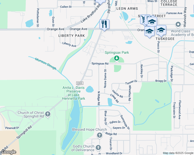 map of restaurants, bars, coffee shops, grocery stores, and more near 3196 North Ridge Road in Tallahassee