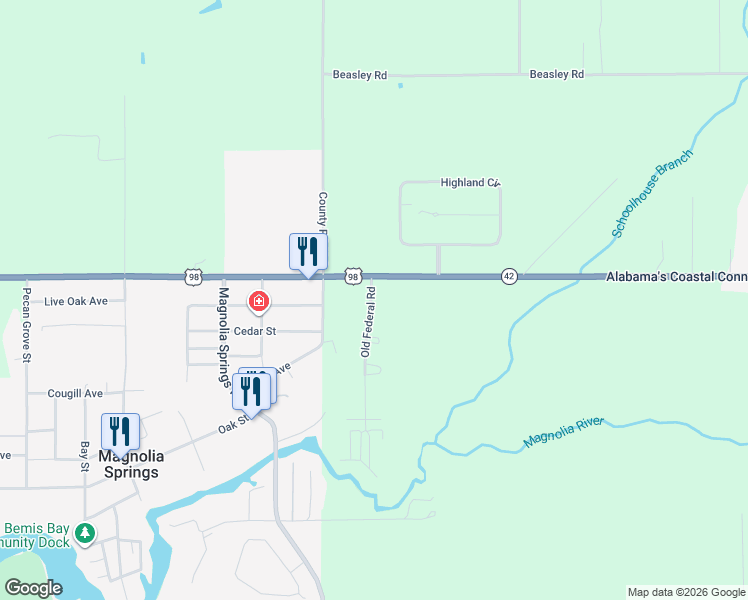map of restaurants, bars, coffee shops, grocery stores, and more near 15005-15007 Old Federal Road in Magnolia Springs