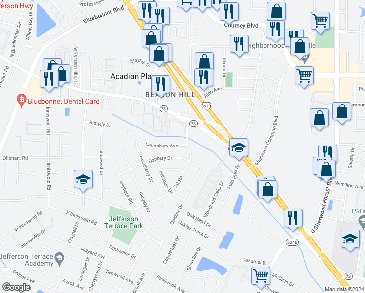 map of restaurants, bars, coffee shops, grocery stores, and more near 10812 Landsbury Avenue in Baton Rouge