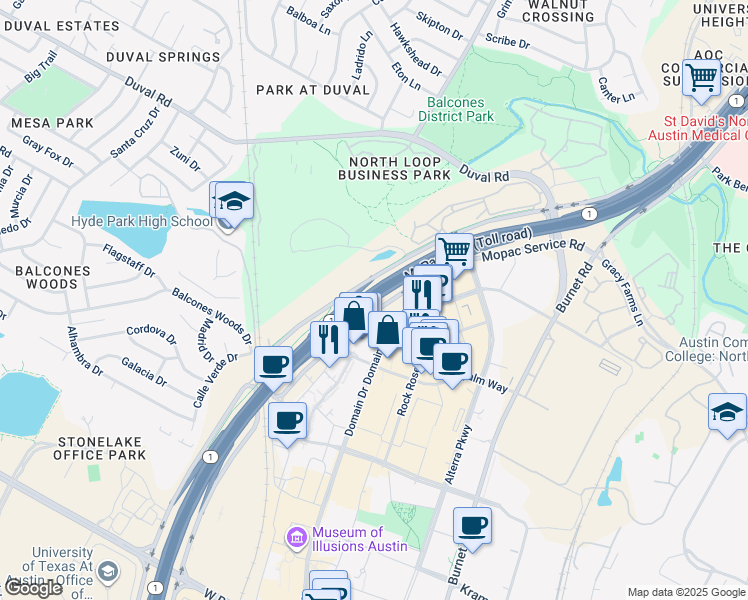 map of restaurants, bars, coffee shops, grocery stores, and more near MoPac Expressway in Austin