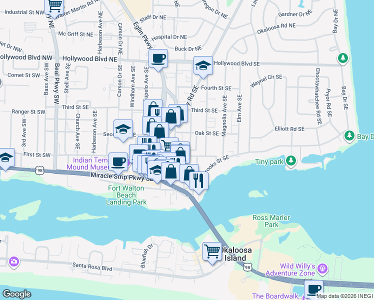 map of restaurants, bars, coffee shops, grocery stores, and more near 208 First Street Southeast in Fort Walton Beach