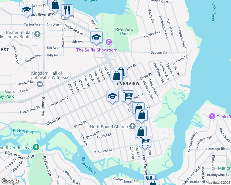 map of restaurants, bars, coffee shops, grocery stores, and more near 9076 1st Avenue in Jacksonville