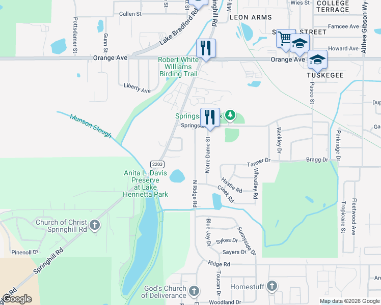 map of restaurants, bars, coffee shops, grocery stores, and more near 3206 North Ridge Road in Tallahassee