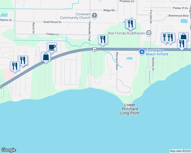 map of restaurants, bars, coffee shops, grocery stores, and more near 1924 Noleka Court in Navarre