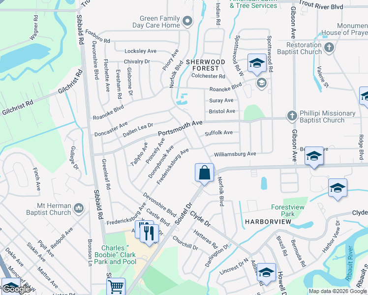 map of restaurants, bars, coffee shops, grocery stores, and more near 4842 Fredericksburg Avenue in Jacksonville