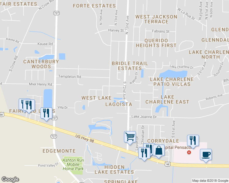 map of restaurants, bars, coffee shops, grocery stores, and more near 7230 Willowside Circle in Pensacola