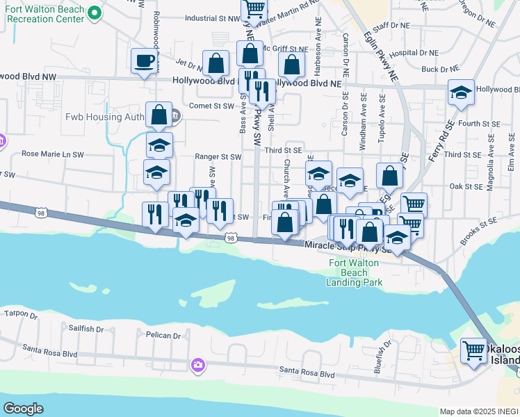 map of restaurants, bars, coffee shops, grocery stores, and more near 139 Beal Parkway in Fort Walton Beach