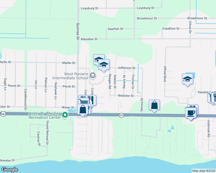 map of restaurants, bars, coffee shops, grocery stores, and more near 1967 Reagan Road in Navarre
