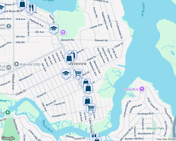 map of restaurants, bars, coffee shops, grocery stores, and more near 9010 Jefferson Avenue in Jacksonville