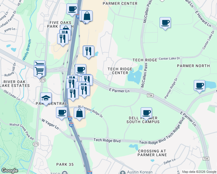 map of restaurants, bars, coffee shops, grocery stores, and more near East Parmer Lane & Center Lake Drive in Austin