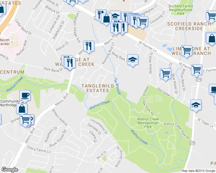 map of restaurants, bars, coffee shops, grocery stores, and more near 12219 1/2 Tanglewild Drive in Austin
