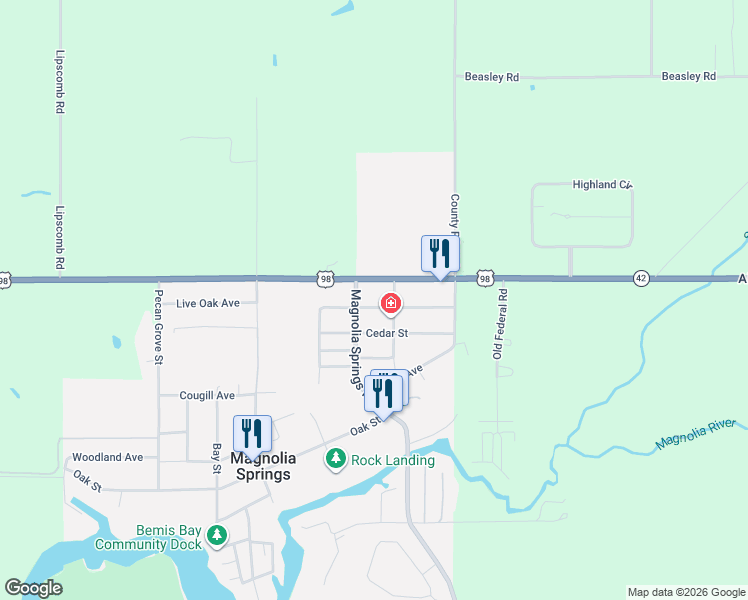 map of restaurants, bars, coffee shops, grocery stores, and more near 14728-14820 County Road 49 in Magnolia Springs