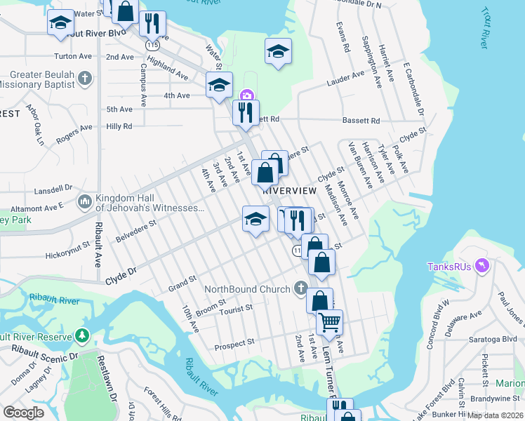 map of restaurants, bars, coffee shops, grocery stores, and more near 9076 1st Avenue in Jacksonville