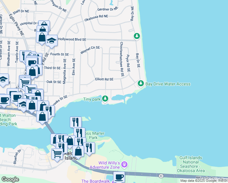 map of restaurants, bars, coffee shops, grocery stores, and more near 343 Brooks Street Southeast in Fort Walton Beach