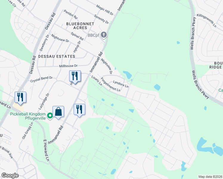 map of restaurants, bars, coffee shops, grocery stores, and more near 2501 Forgetmenot Lane in Pflugerville