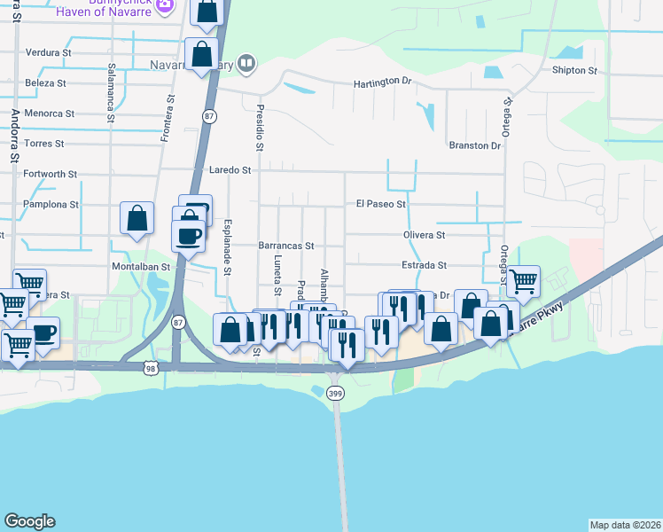 map of restaurants, bars, coffee shops, grocery stores, and more near 8575 Barrancas Street in Navarre