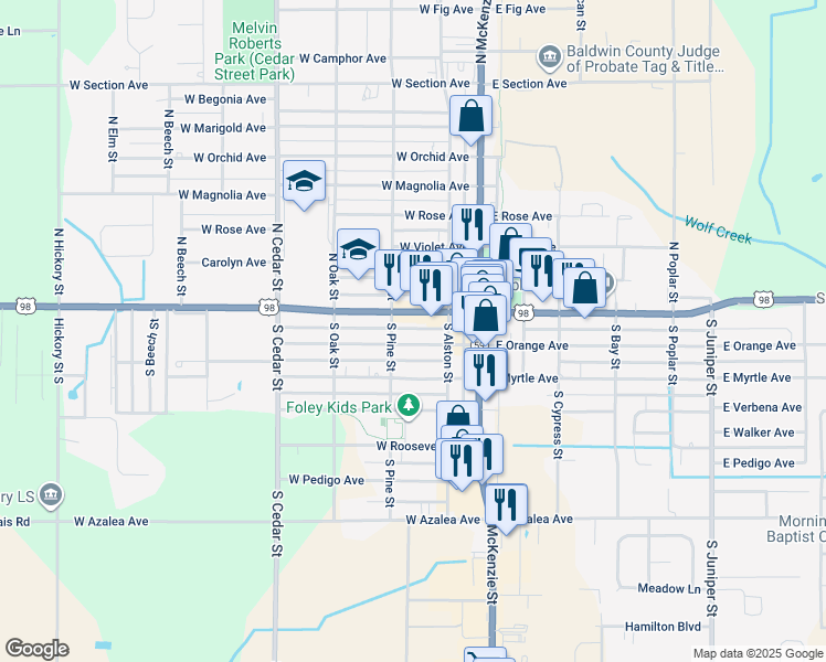 map of restaurants, bars, coffee shops, grocery stores, and more near 246 West Laurel Avenue in Foley