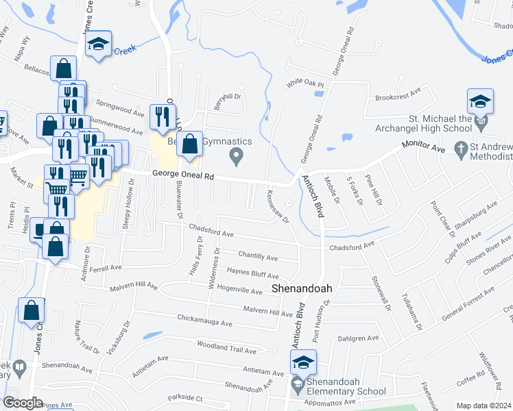 map of restaurants, bars, coffee shops, grocery stores, and more near 5131 East Hunters Chapel Court in Baton Rouge