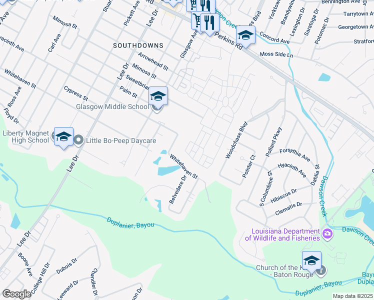 map of restaurants, bars, coffee shops, grocery stores, and more near 1586 Brame Drive in Baton Rouge