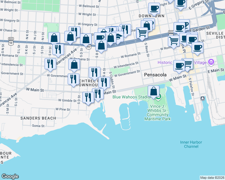 map of restaurants, bars, coffee shops, grocery stores, and more near 702 West Zarragossa Street in Pensacola