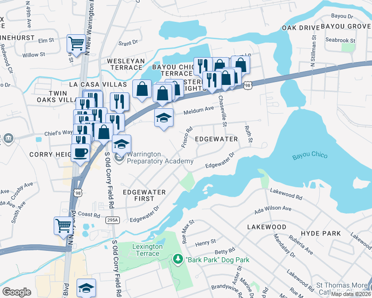 map of restaurants, bars, coffee shops, grocery stores, and more near 201 Earl Court in Pensacola