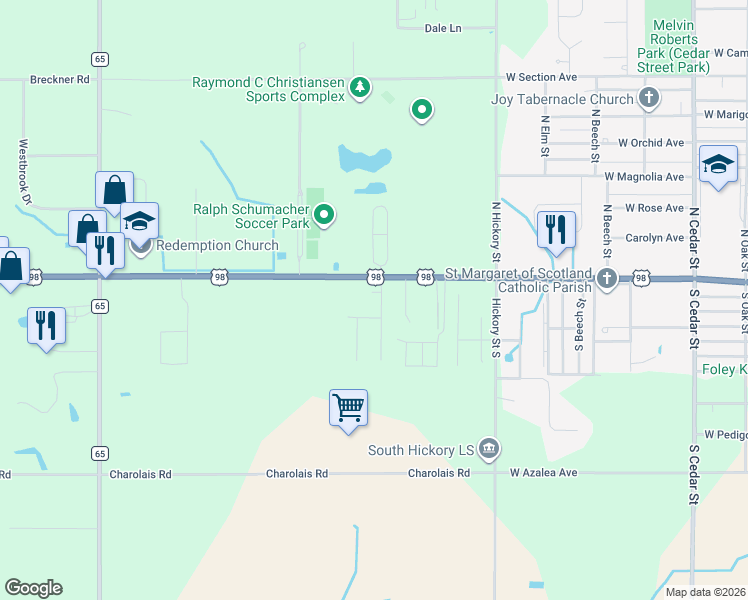 map of restaurants, bars, coffee shops, grocery stores, and more near 12494 John Arthur Drive in Foley