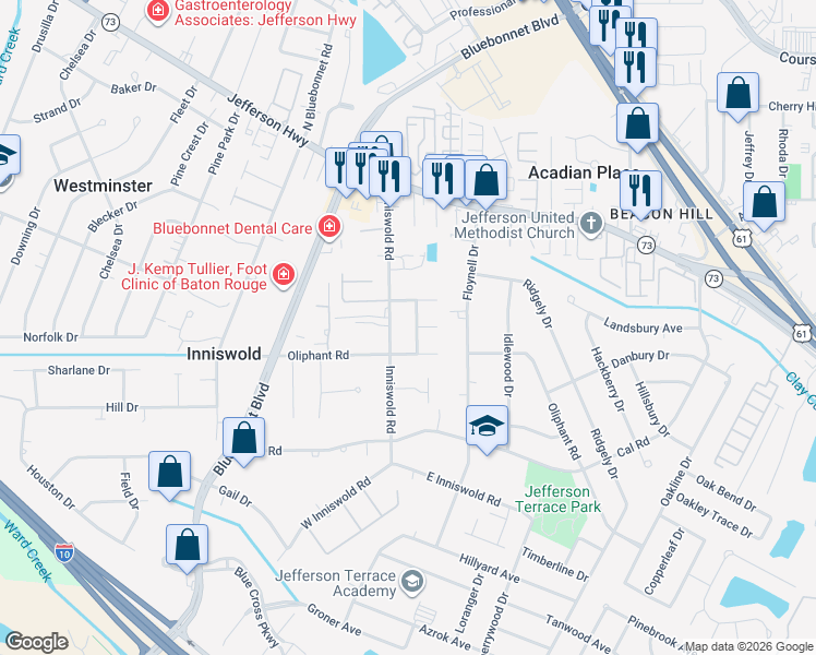 map of restaurants, bars, coffee shops, grocery stores, and more near 9808 Grenwich Avenue in Baton Rouge