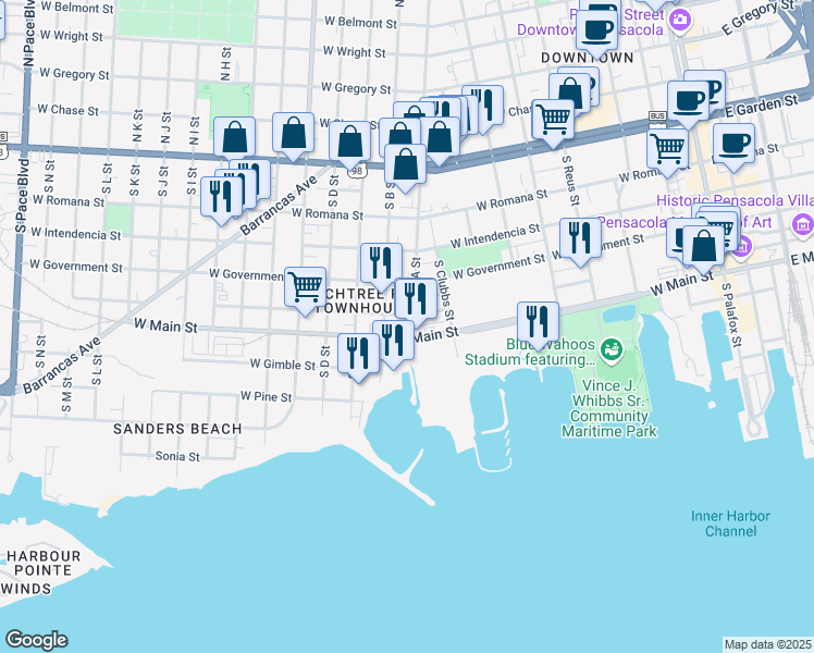 map of restaurants, bars, coffee shops, grocery stores, and more near 407 South A Street in Pensacola