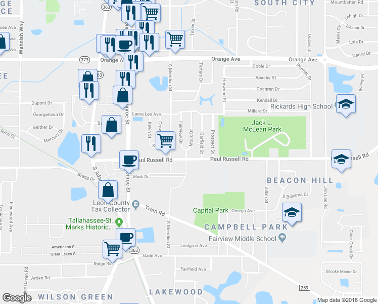 map of restaurants, bars, coffee shops, grocery stores, and more near 3117 Mock Drive in Tallahassee