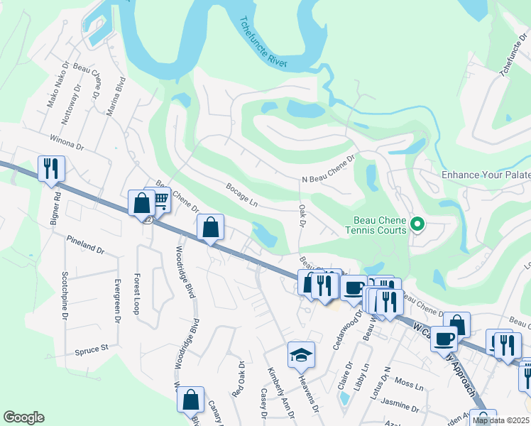 map of restaurants, bars, coffee shops, grocery stores, and more near 749 Bocage Lane in Mandeville