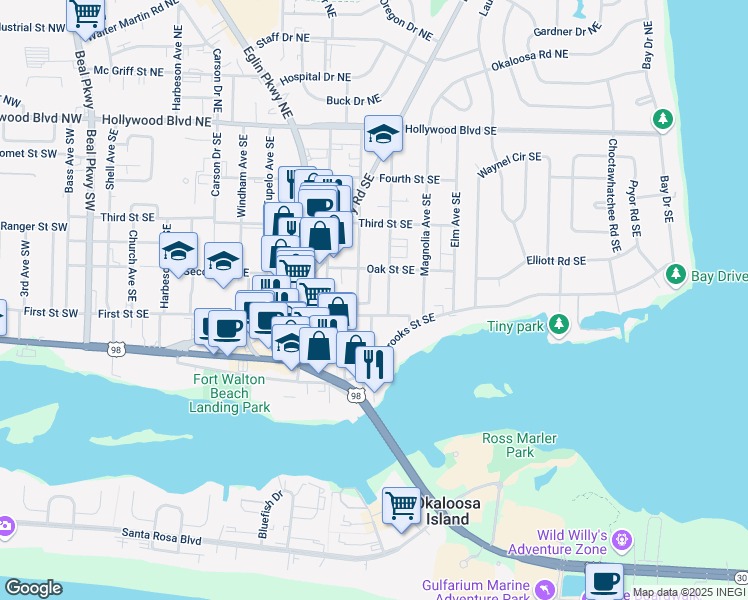 map of restaurants, bars, coffee shops, grocery stores, and more near 163 Scottwood Drive Southeast in Fort Walton Beach