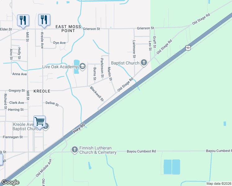 map of restaurants, bars, coffee shops, grocery stores, and more near 7500 Old Stage Road in Moss Point
